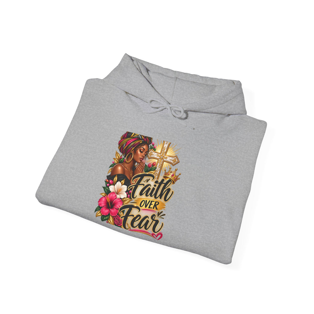 Faith Over Fear Hoodie — Christian Inspirational Pullover with Cross & Floral Design