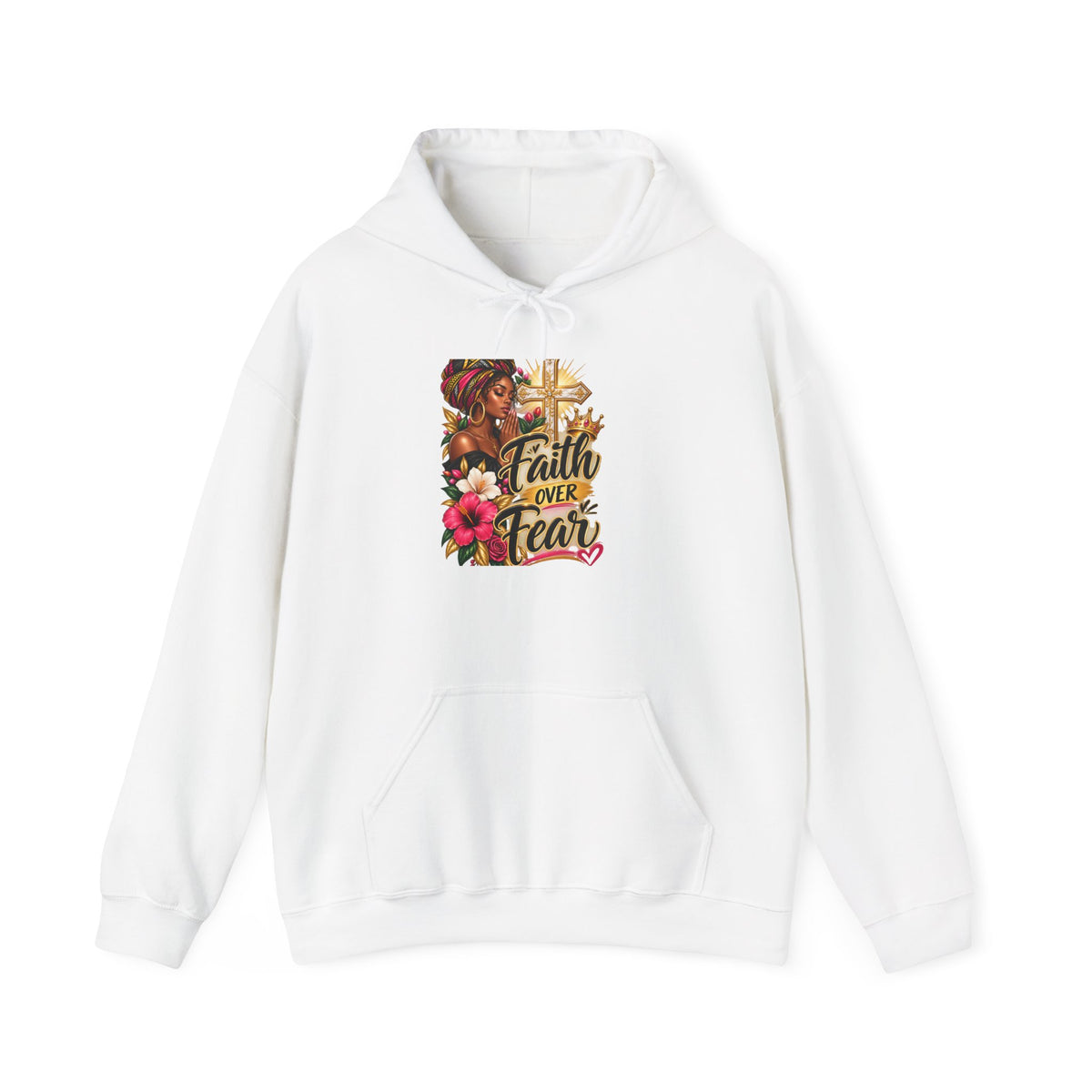 Faith Over Fear Hoodie — Christian Inspirational Pullover with Cross & Floral Design