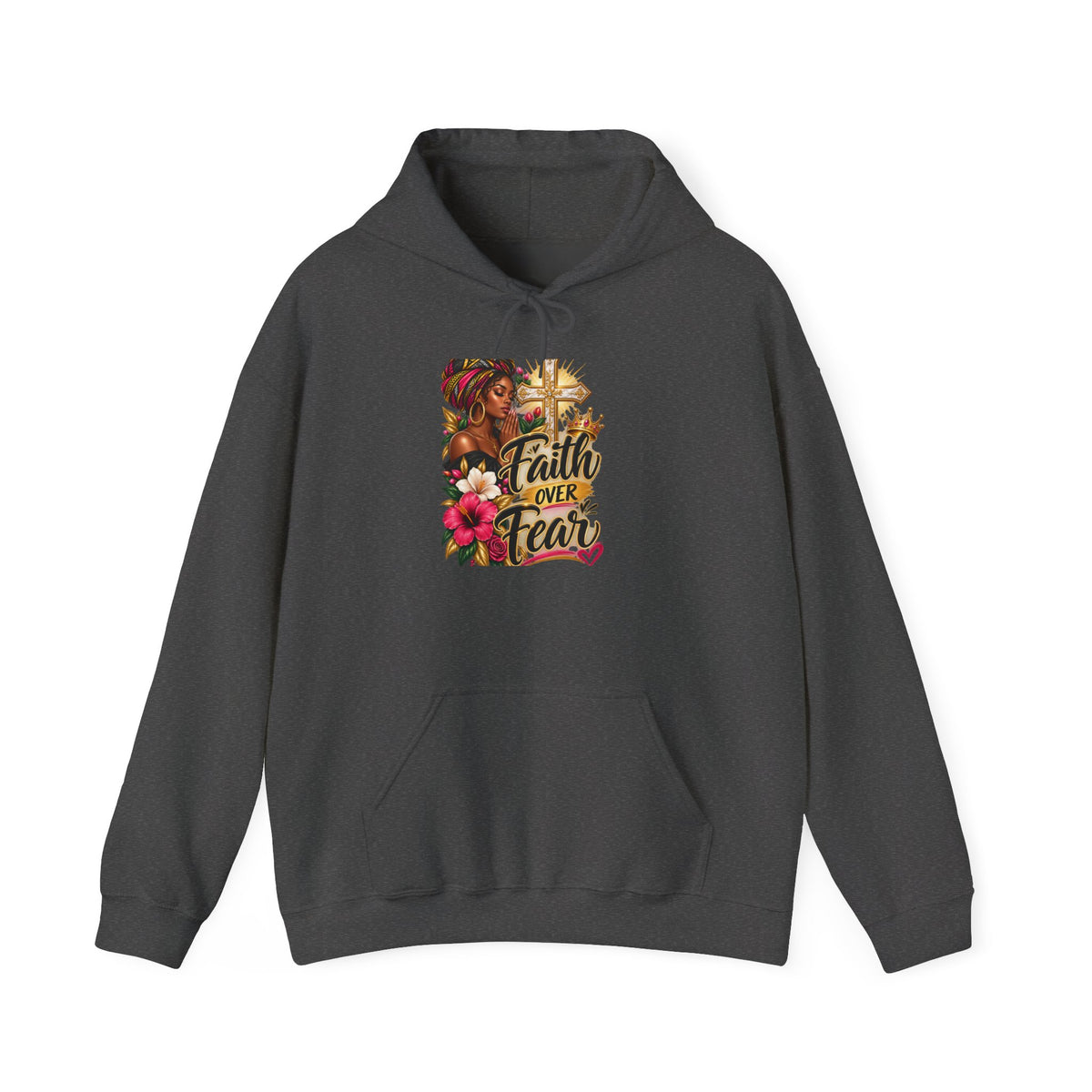 Faith Over Fear Hoodie — Christian Inspirational Pullover with Cross & Floral Design