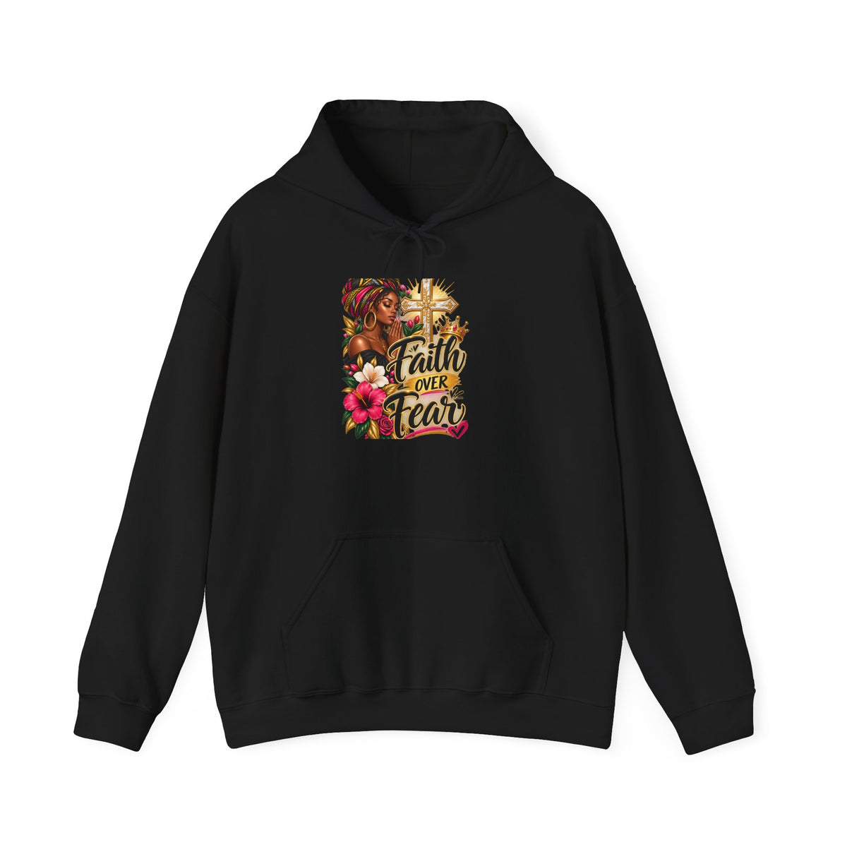 Faith Over Fear Hoodie — Christian Inspirational Pullover with Cross & Floral Design