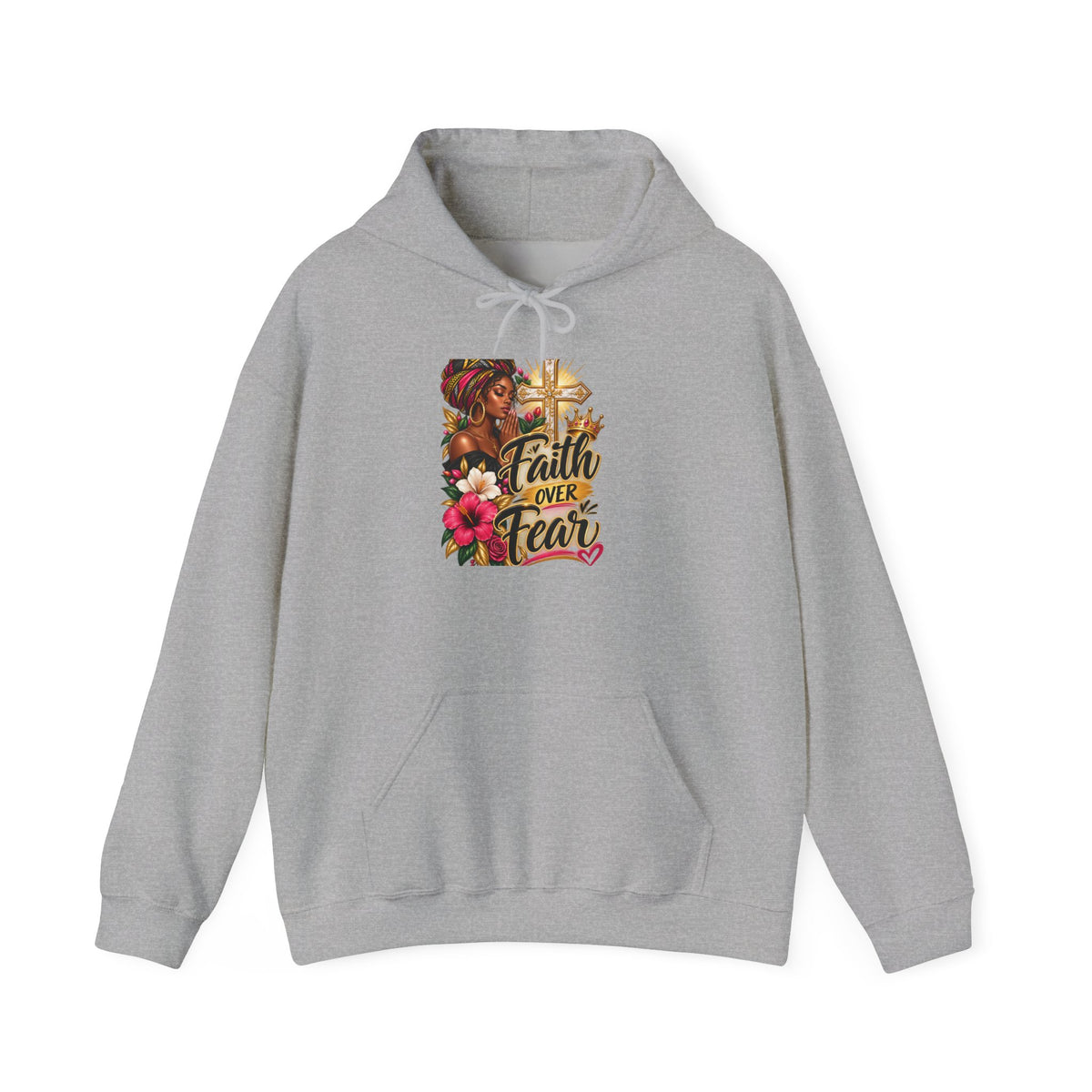 Faith Over Fear Hoodie — Christian Inspirational Pullover with Cross & Floral Design